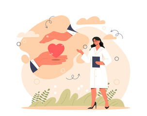 Health care concept. Doctor with documents ready to help patients. Diagnosis and questioning, identification of symptoms. Medical poster or banner for website. Cartoon flat vector illustration