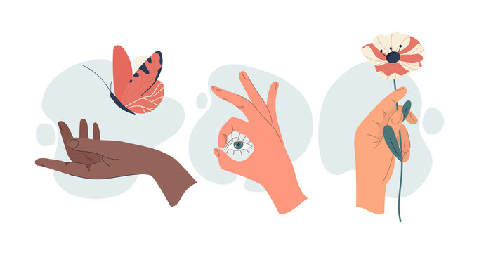 Gentle female hands. Butterfly, eye and flower, exploration of world and methods of perception. Spring and nature elements collection. Cartoon flat vector illustrations isolated on white background