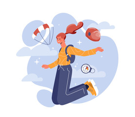 Skydiving parachuting concept. Young girl with parachute jumps from heaven, extreme sports and active lifestyle. Pressure measurement equipment, fearless woman. Cartoon flat vector illustration