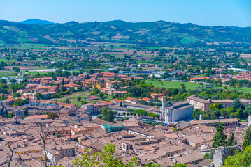 Aerial view of rooftops of Italian town Gubbio