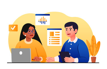 Business meeting concept. Girl conducts inquiry of man, candidate for vacancy and talented employee. Company recruitment, newbie at work and staff expansion. Cartoon flat vector illustration