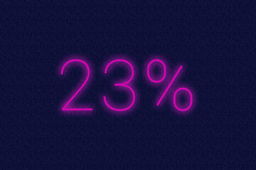 23% percent logo. twenty-three percent neon sign. Number twenty-three on dark purple background. 2d image