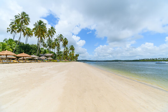 Landscape of Praia dos Carneiros, a famous beach of Tamandare, PE, Brazil. Sand strip and calm waters. Tourist destination of people who visits Porto de Galinhas.