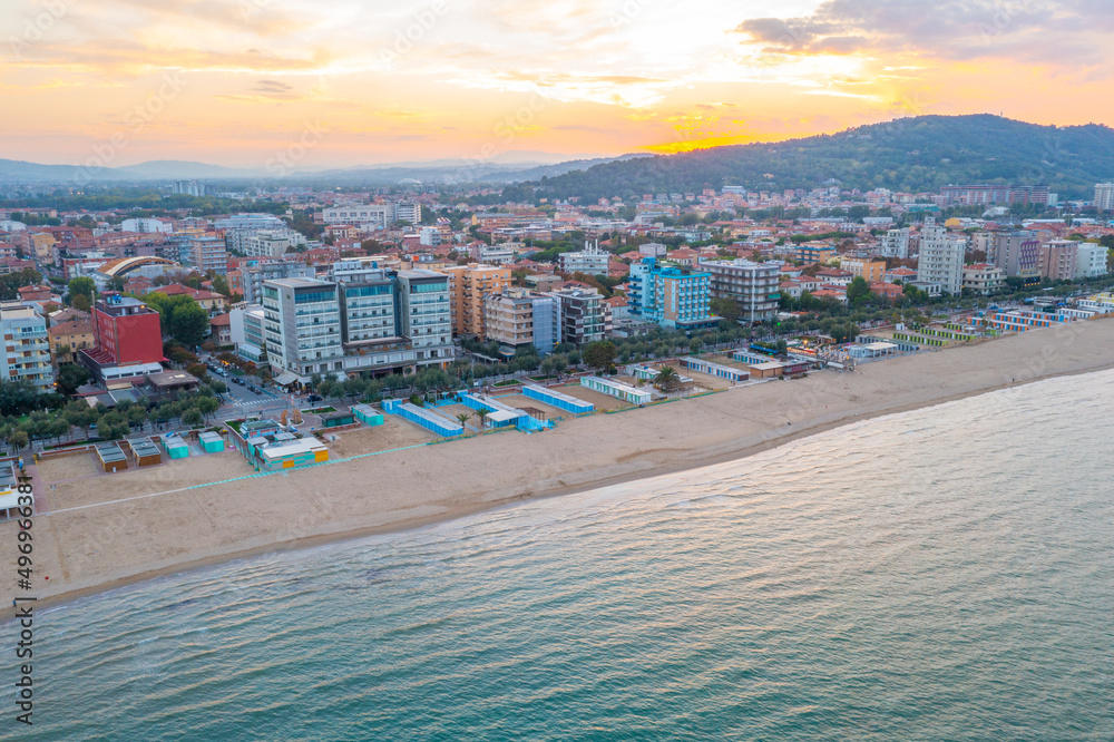 Wall mural Sunset aerial view of the beach in Italian town Pesaro