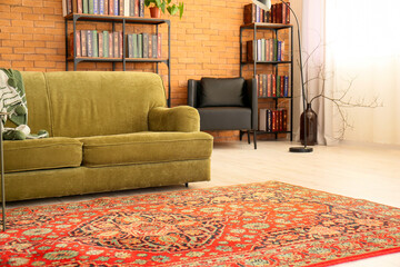 Interior of cozy living room with vintage carpet, sofa and bookcases © Pixel-Shot