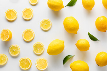Many ripe lemons and slices on white background, top view