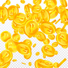 Russian ruble coins falling. Divine scattered RUB coins. Russia money. Marvelous jackpot, wealth or success concept. Vector illustration.