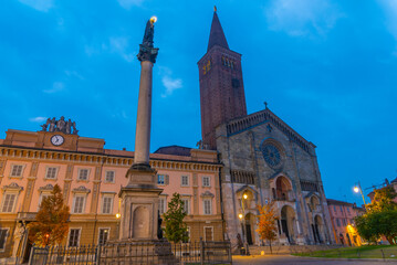 Sunrise over Cathedral of Santa Maria Assunta and Santa Giustina in Piacenza, Italy