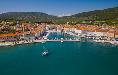 Fototapeta na wymiar Cres old town port Croatia aerial view