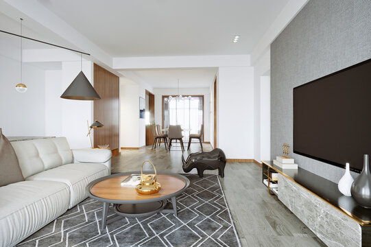 3d render of apartment interior, living and dining room