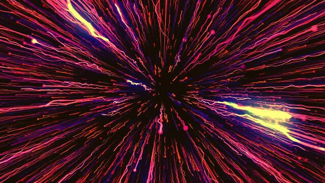 Bright abstraction.Motion. A dark background with long bright lines shimmering and moving in the 3d format and falling right into the center.