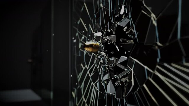 The bullet shot to broken mirror in slow motion close up with 3d rendering.