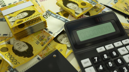South Korean won notes spread out  with a calculator, pen and notebook. 3d rendering