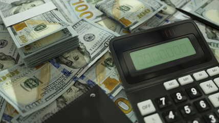 Fototapeta premium US dollar notes spread out with a calculator, pen and notebook. 3d rendering