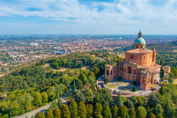 Aerial view of Sanctuary of the Madonna di San Luca in Bologna, Italy - obrazy, fototapety, plakaty