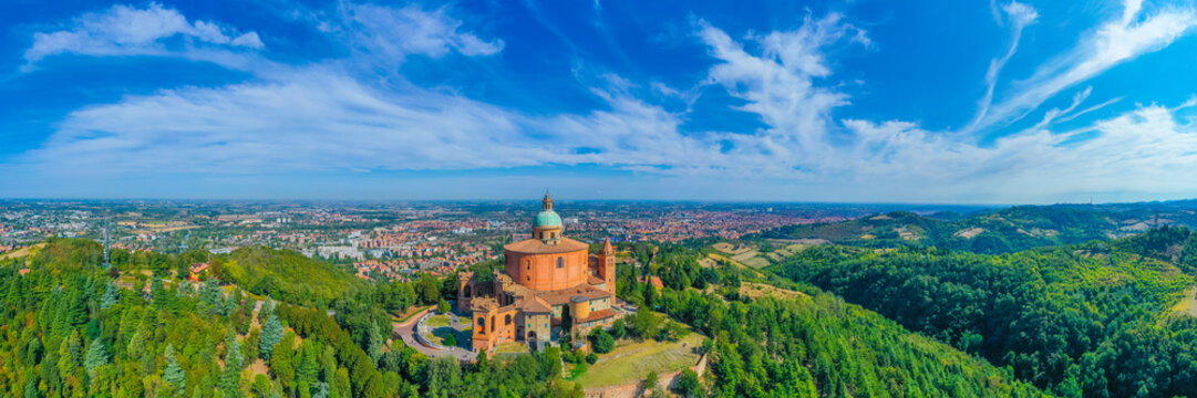 Aerial view of Sanctuary of the Madonna di San Luca in Bologna, Italy