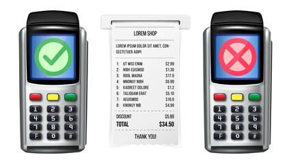 Pos Terminal And Receipt Of Payment Set Vector. Check Paper List With Paying Information, Accepted And Refused Pay Sign On Pos Terminal Electronic Device Display. Template Realistic 3d Illustrations