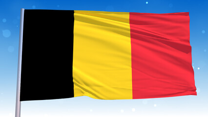 Waving National Flag Of Belgium In The Wind With Pole On Cloudy Fog Glitter Air particles Flying Blue Sky 3D Rendering