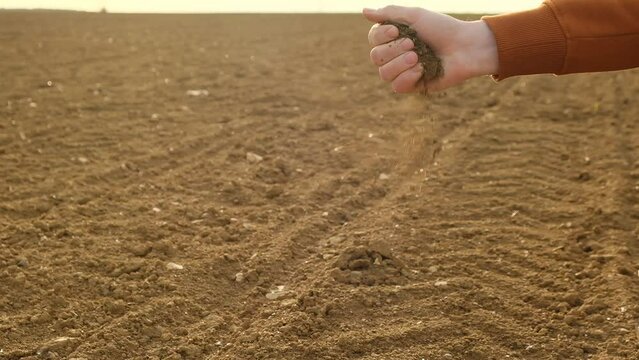 Spring sowing work on arable land . earth is strewed from a man's hand close-up on an arable land background. Fertile land.Farming agriculture and concept High quality 4k footage