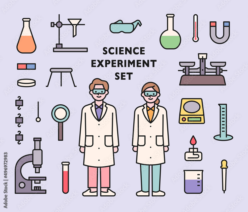 Wall mural set of cute scientist characters and laboratory experiment tools icons. flat design style vector ill