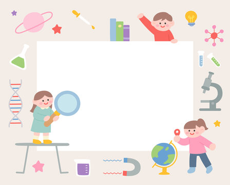 Banner template with cute kids and science experiment tools. flat design style vector illustration.