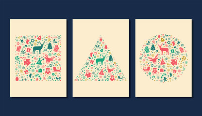 Square, triangle and circle pattern of Christmas icons, vector illustration