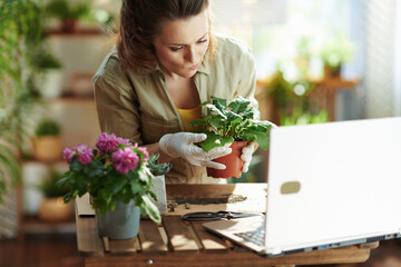 florist in rubber gloves in house in sunny day