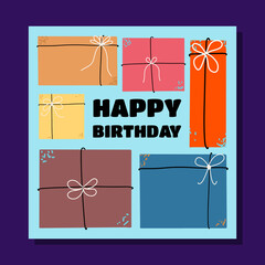 Flat design birthday card with different gift boxes. Vector illustration in flat style