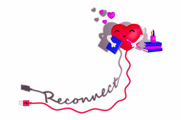 Reconnect to love yourself, digital detox, heart enjoying books and art, 3D illustration