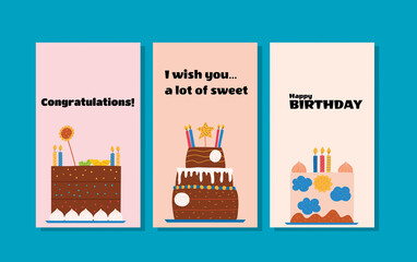 Hand drawn set of birthday templates with cakes. Vector illustration