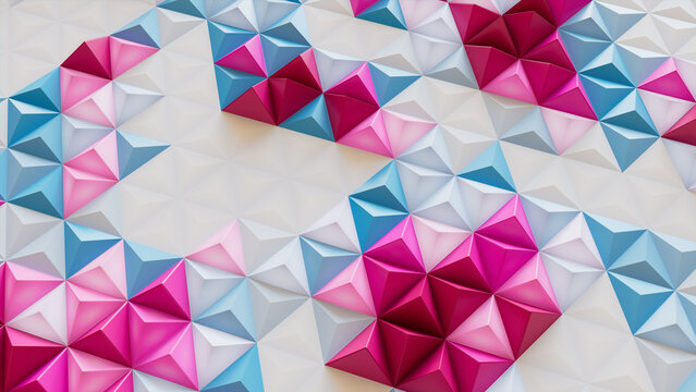 White, Blue and Pink Polygonal Surface with Tetrahedrons. Futuristic, Bright 3d Background.