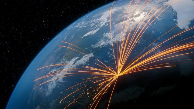 Earth in Space. Orange Lines connect New York, USA with Cities across the World. International Travel or Networking Concept.
