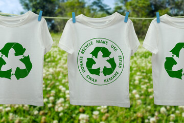 Circular economy textiles icon on t shirts on line, sustainable fashion concept reuse, recycle...