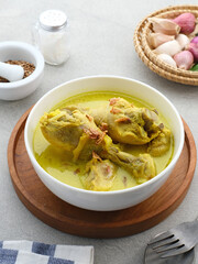 Opor Ayam, Indonesian traditional food. Opor made from chicken cooked with coconut milk and spices. Its served to celebrate Eid Adha and Eid Fitr. Selective focus.
