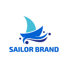 sailor wave logo vector with flat blue color style