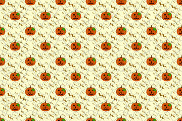 Halloween pumpkin pattern seamless wallpaper on a light yellow cream background with lightning pattern.