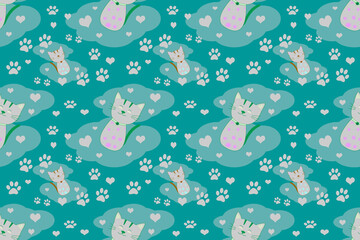 seamless cute cat pattern,cartoon style light gray kitten,for fabric,printing,cat wallpaper on cyan background