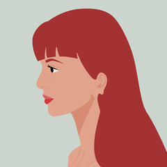 Profil młodej dziewczyny z rudymi włosami i piegami na jasnym tle. Portret kobiety z grzywką. Avatar do social media. Ilustracja wektorowa. - obrazy, fototapety, plakaty