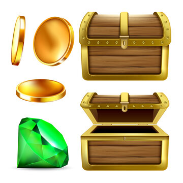 Treasure Coin And Diamond In Chest Set Vector. Golden Metallic Money And Jewellery Gemstone, Opened And Closed Empty Wooden Container For Safe Savings. Template Realistic 3d Illustrations
