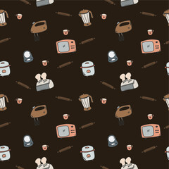 Cute kitchen utensil pattern on black background