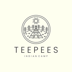 teepee with badge and line art style logo icon template design. indian,camp, native, america, sun, tree, vector illustration © SD22