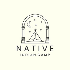 indian camp with badge and line art style logo icon template design. teepees, native, america, moon, star, vector illustration © SD22