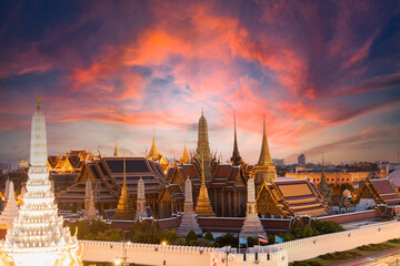 Temple of the Emerald Buddha a tourist landmark in Bangkok Thailand. wat phra kaew is a tourist destination and famous landmarks in Thailand. Thai architecture travel attraction.