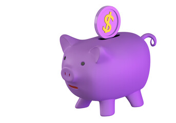 Piggy bank on a white background. Savings in US dollars. Investments and savings. A dollar coin falls into the piggy bank. 3d image