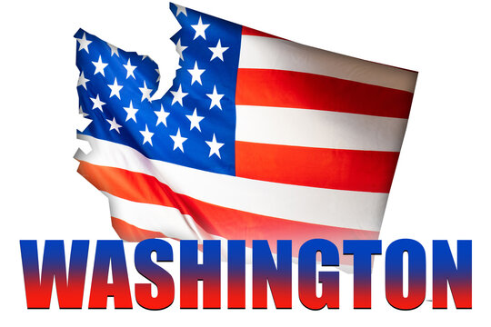 Washington State in the USA. Map and name of the state of Washington in the colors of the American flag. United States of America. US map icon and state name. Red-blue-white college. 3d image