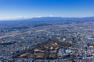 砧公園から富士山を望む、空撮