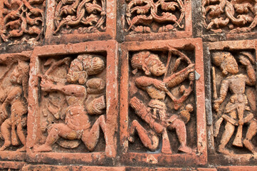 Figurines made of terracotta at Madanmohan Temple, Bishnupur , West Bengal, India .