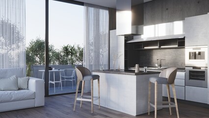 Fototapeta na wymiar Kitchen 3d render, modern apartment interior. 3d rendering design concept. Modern Contemporary living and kitchen room interior .white and wood material 