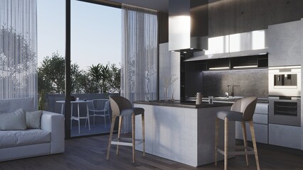 Fototapeta na wymiar Kitchen 3d render, modern apartment interior. 3d rendering design concept. Modern Contemporary living and kitchen room interior .white and wood material 
