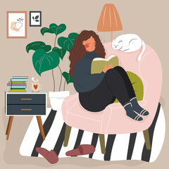 A girl dressed in a warm sweater sits on a chair with a cat and reads a book. The girl is resting at home and drinking coffee. Character illustration. Daily life of a young woman in a cozy interior